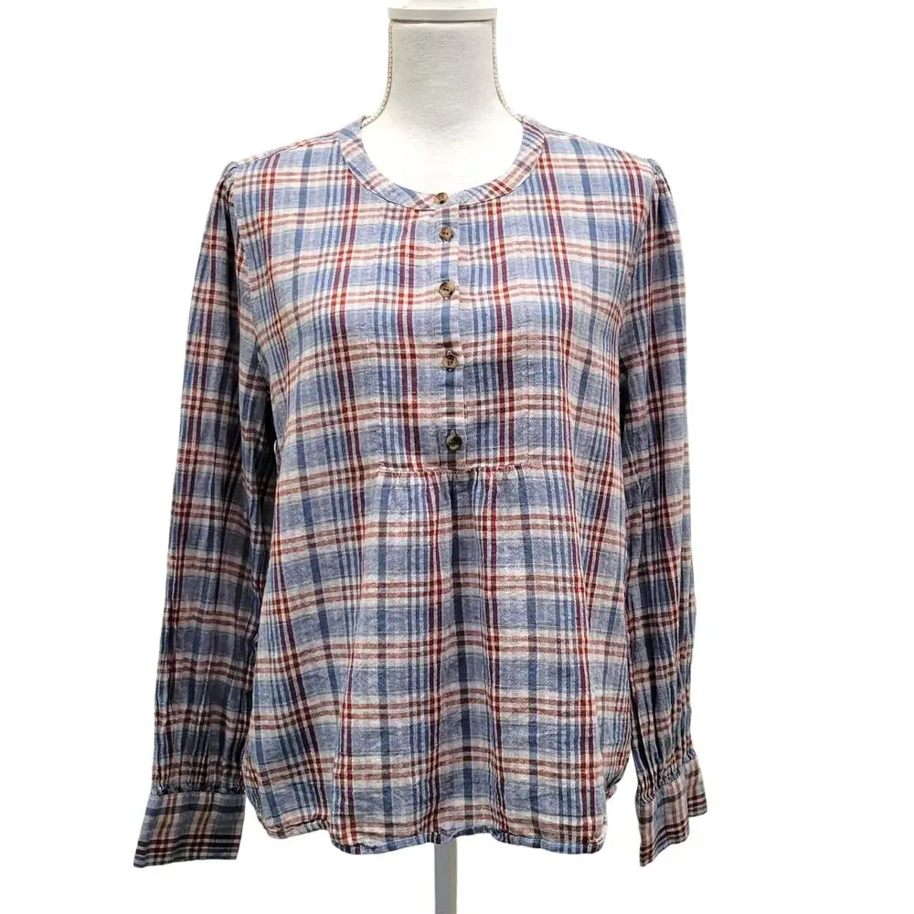 Madewell Popover Blouse Top Blue Plaid Puff Sleeve Swing Pleated Cotton Linen